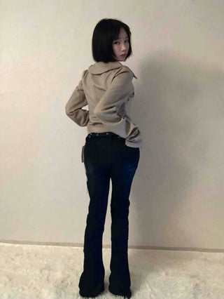 Dark blue minimal buckle belt denim long pants