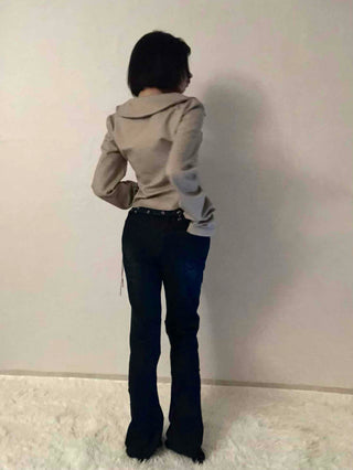 Dark blue minimal buckle belt denim long pants