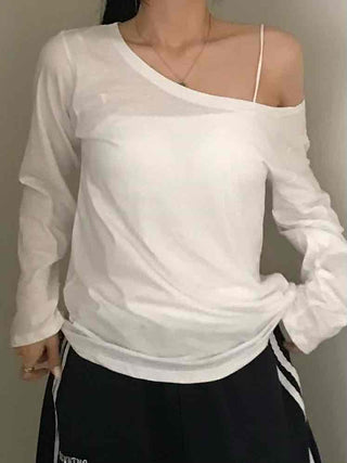 Delicate Fit Off-Shoulder Plain Long-Sleeve T-Shirt