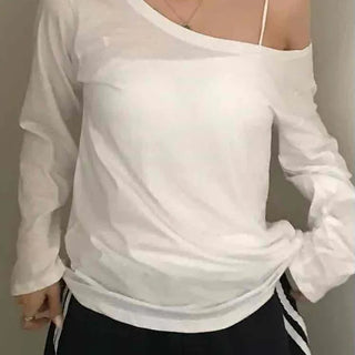 Delicate Fit Off-Shoulder Plain Long-Sleeve T-Shirt