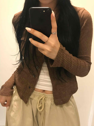 Unique Button Ribbed V-Neck Cardigan