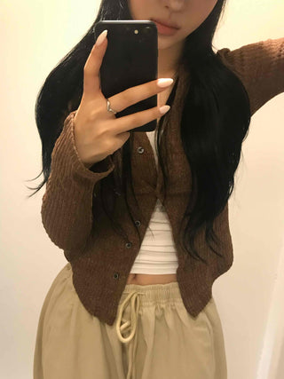 Unique Button Ribbed V-Neck Cardigan