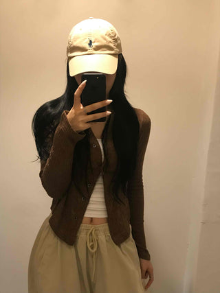 Unique Button Ribbed V-Neck Cardigan