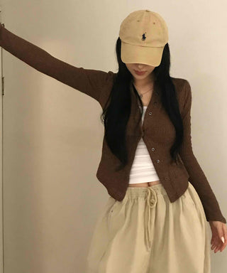 Unique Button Ribbed V-Neck Cardigan