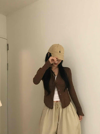Unique Button Ribbed V-Neck Cardigan