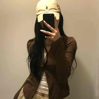 Unique Button Ribbed V-Neck Cardigan