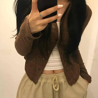 Unique Button Ribbed V-Neck Cardigan