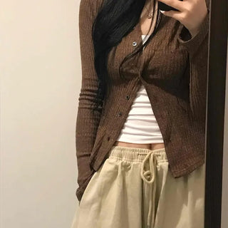 Unique Button Ribbed V-Neck Cardigan
