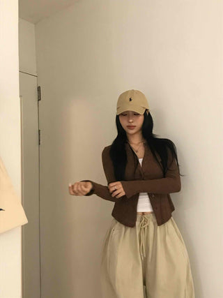 Unique Button Ribbed V-Neck Cardigan