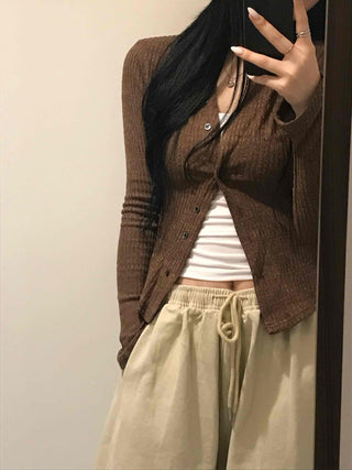 Unique Button Ribbed V-Neck Cardigan