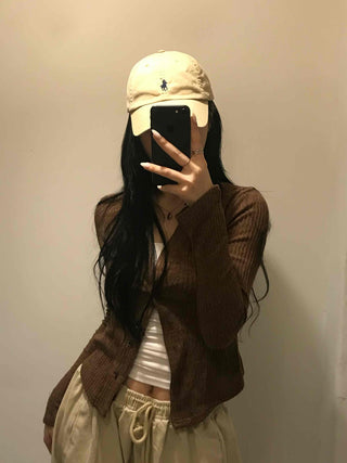 Unique Button Ribbed V-Neck Cardigan