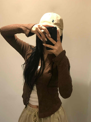 Unique Button Ribbed V-Neck Cardigan