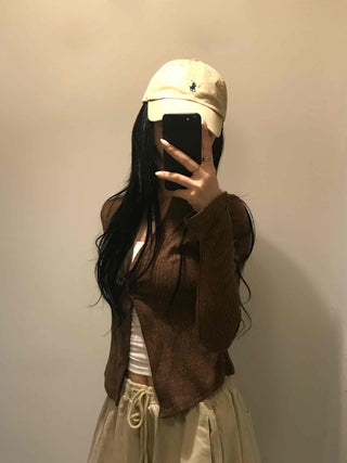 Unique Button Ribbed V-Neck Cardigan