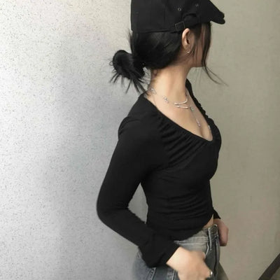 Deep U-Neck Shirred Slim Fit Long Sleeve Tee