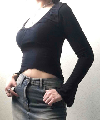 Deep U-Neck Shirred Slim Fit Long Sleeve Tee