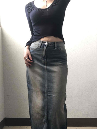 Deep U-Neck Shirred Slim Fit Long Sleeve Tee