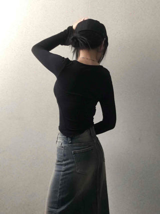 Deep U-Neck Shirred Slim Fit Long Sleeve Tee