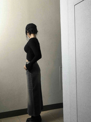 Deep U-Neck Shirred Slim Fit Long Sleeve Tee