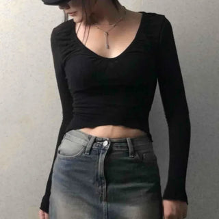 Deep U-Neck Shirred Slim Fit Long Sleeve Tee