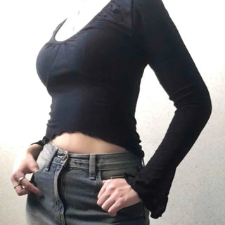 Deep U-Neck Shirred Slim Fit Long Sleeve Tee