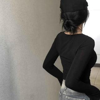 Deep U-Neck Shirred Slim Fit Long Sleeve Tee