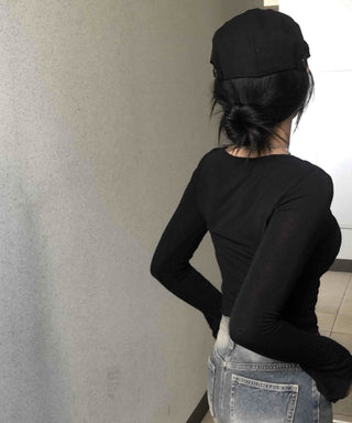 Deep U-Neck Shirred Slim Fit Long Sleeve Tee