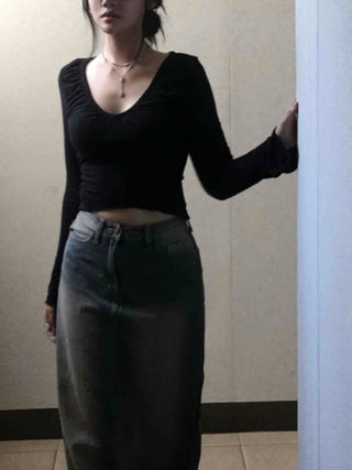 Deep U-Neck Shirred Slim Fit Long Sleeve Tee