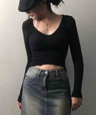 Deep U-Neck Shirred Slim Fit Long Sleeve Tee