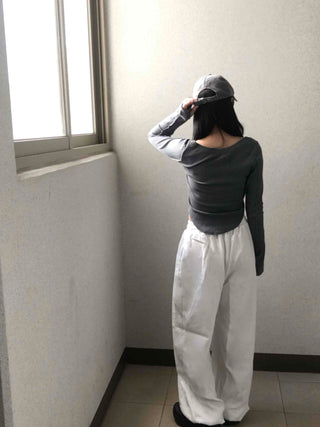 Wide Elastic Waist Cut-out Button Long Pants