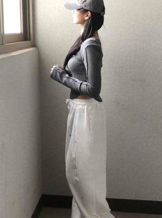 Wide Elastic Waist Cut-out Button Long Pants