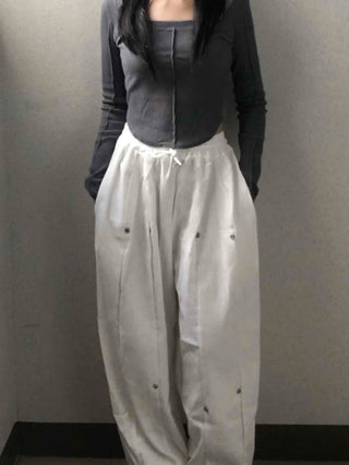 Wide Elastic Waist Cut-out Button Long Pants