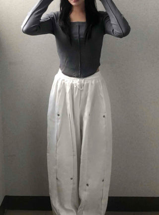 Wide Elastic Waist Cut-out Button Long Pants