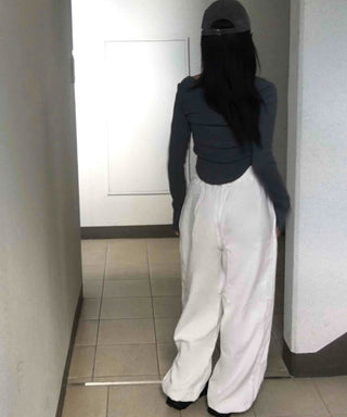 Wide Elastic Waist Cut-out Button Long Pants