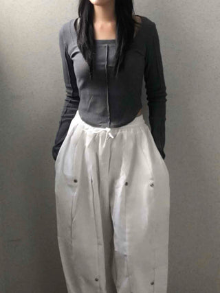 Wide Elastic Waist Cut-out Button Long Pants
