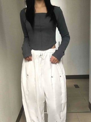 Wide Elastic Waist Cut-out Button Long Pants