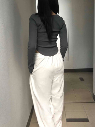 Wide Elastic Waist Cut-out Button Long Pants
