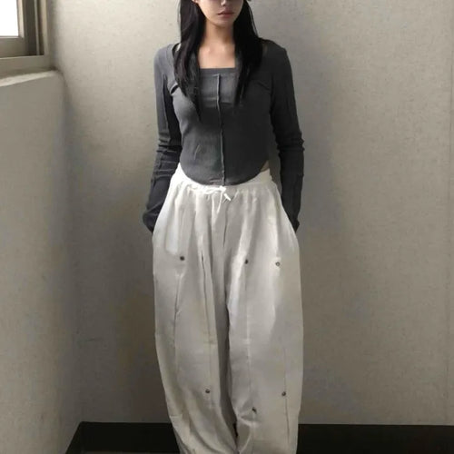 Wide Elastic Waist Cut-out Button Long Pants