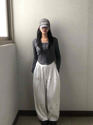 Wide Elastic Waist Cut-out Button Long Pants
