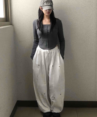Wide Elastic Waist Cut-out Button Long Pants