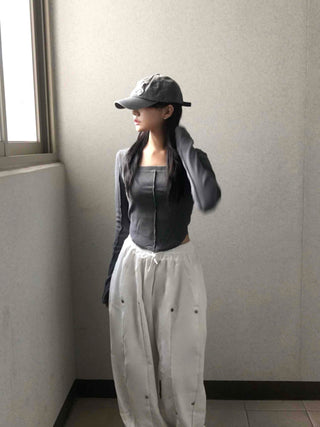 Wide Elastic Waist Cut-out Button Long Pants