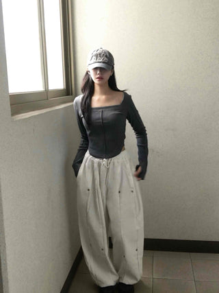 Wide Elastic Waist Cut-out Button Long Pants