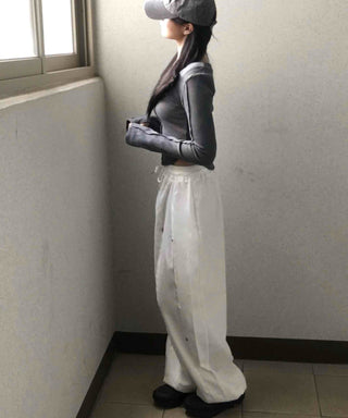Wide Elastic Waist Cut-out Button Long Pants