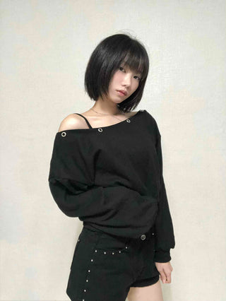 Street Off-Shoulder Cotton Plain Sweatshirt