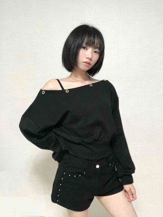 Street Off-Shoulder Cotton Plain Sweatshirt