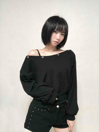 Street Off-Shoulder Cotton Plain Sweatshirt