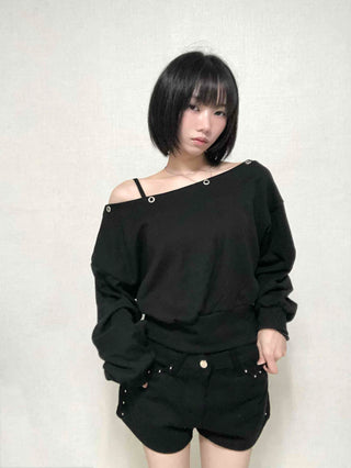Street Off-Shoulder Cotton Plain Sweatshirt