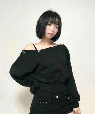 Street Off-Shoulder Cotton Plain Sweatshirt