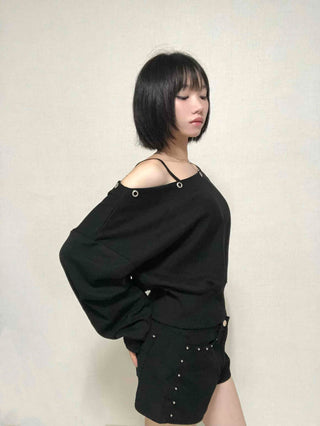 Street Off-Shoulder Cotton Plain Sweatshirt
