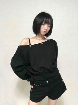 Street Off-Shoulder Cotton Plain Sweatshirt