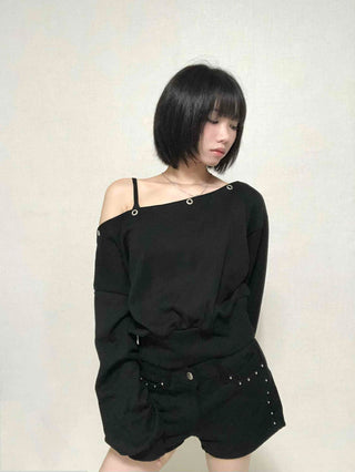 Street Off-Shoulder Cotton Plain Sweatshirt